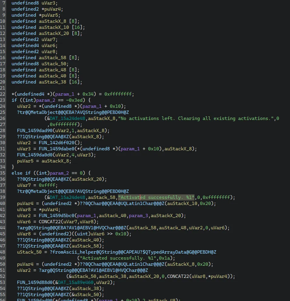 A screenshot of Ghidra showing the error message 'Activated successfully'