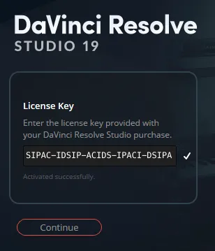 A screenshot of DaVinci Resolve Studio showing the license key